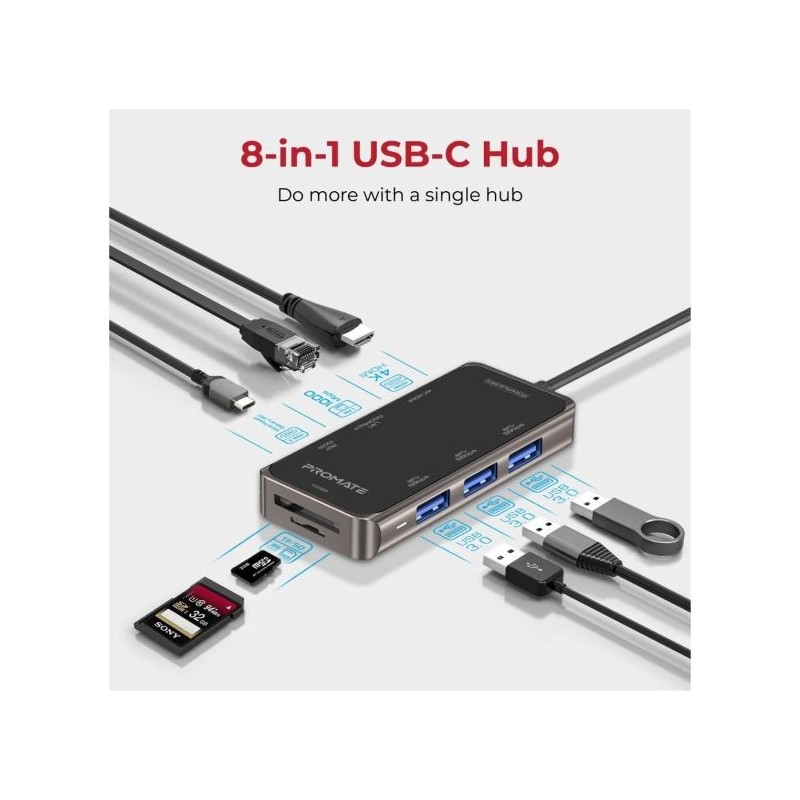 Promate USB-C Notebook Docking Station - Type-C - 8-in-1 with USB-C port - 4K HDMI - TF/SD card - RJ45 port